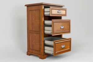 Wooden storage cabinet with three open drawers showcasing interior design details photo
