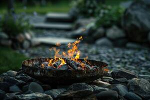 A cozy campfire surrounded by stones in a serene outdoor setting during twilight photo