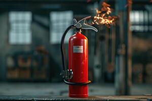 Red fire extinguisher on a workbench in a dimly lit industrial setting with sparks flying photo