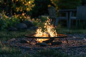 Cozy evening bonfire with flames dancing in a backyard garden setting during dusk photo