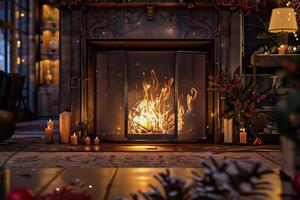Cozy Christmas fireplace glowing softly in a decorated living room during winter evening photo