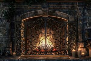 Cozy fireplace with ornate grate, warm glow from logs, surrounded by candles in a rustic room photo