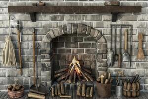 Cozy rustic fireplace with stacked logs and traditional tools in a warm, inviting setting photo