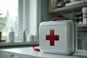 A first aid kit on a countertop in a modern kitchen during daytime photo