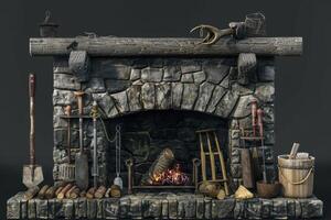Rustic stone fireplace with tools and firewood arranged for a cozy winter evening photo