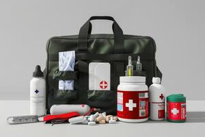 Emergency medical kit with supplies and medications on a neutral background photo