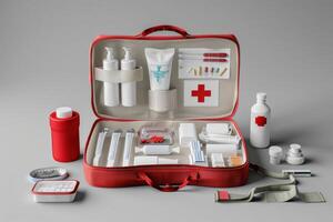 Red medical kit open with various supplies on a light background photo