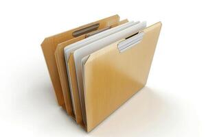 Assorted file folders arranged in a neat stack on a plain background photo