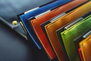 Assorted colorful wallet compartments arranged neatly on a black surface photo