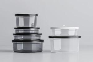 Stack of transparent storage containers with black lids on a light background photo