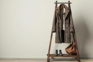 A stylish brown coat and accessories displayed on a wooden rack in a minimalist room with neutral walls photo