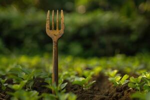 Old gardening fork standing upright in a lush green garden with young plants during the daytime photo