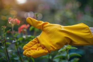 Hand in yellow gloves reaching towards blooming flowers in a garden during the late afternoon photo