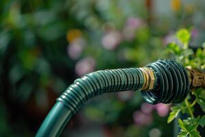 A close-up of a garden hose connected to a watering system in a vibrant garden with flowering plants during daylight photo