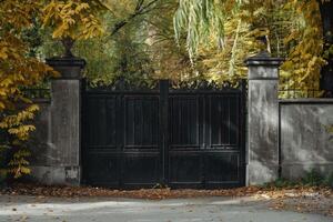 Black wrought-iron gate set against autumn foliage in a serene park during daylight photo