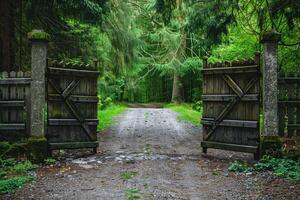 Two wooden gates open onto a gravel path leading into a lush green forest during daylight photo