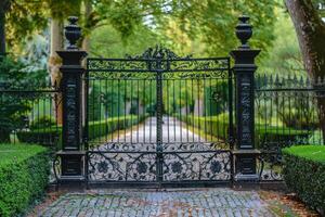 Elegant wrought iron gate leading to a lush green pathway in a serene garden photo