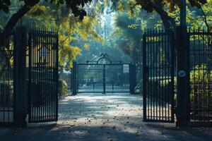 Morning light filters through a garden gate in a serene park with lush greenery and fallen leaves photo