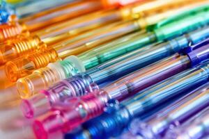 Colorful collection of fine-tipped pens arranged neatly on a table in bright lighting photo