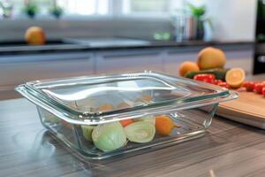 Fresh vegetables and fruits in a glass dish on a kitchen counter during daytime photo