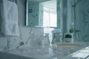 Modern bathroom with marble countertop and contemporary fixtures in natural light photo