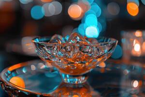 A crystal bowl filled with ice cubes sits on a reflective table surrounded by colorful lights during an evening event photo