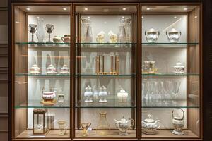 Display of elegant glassware and porcelain in a well-lit showcase in a luxurious interior photo