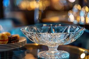 Crystal bowl on a reflective surface with blurred background decorations in a dining setting at night photo
