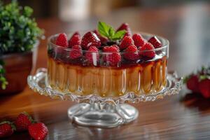 Delicious berry dessert in a glass dish on a wooden table with fresh strawberries and greenery photo