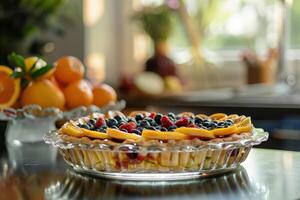 Fresh fruit tart with berries and peaches displayed on a kitchen countertop with oranges in the background photo