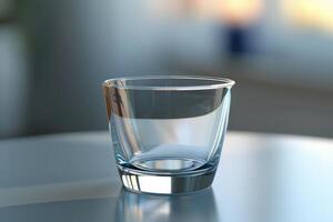 Clear glass tumbler on a reflective surface with soft lighting in the background photo