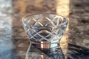 A crystal bowl placed on a reflective surface with soft lighting in a contemporary setting photo