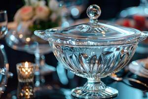 Elegant crystal serving bowl on a lavish dining table adorned with flowers and candles in an upscale setting photo