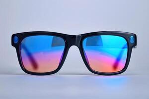 Stylish sunglasses with blue and pink reflective lenses against a light background photo