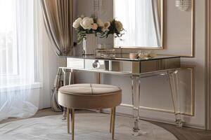 Elegant modern vanity table set with flowers in a sophisticated interior during daylight photo