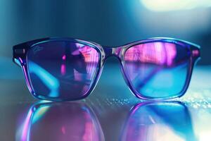 Colorful sunglasses reflecting vibrant lights on a surface photo