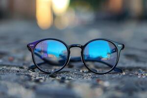 Stylish sunglasses resting on a cobblestone street during the golden hour, reflecting vibrant colors photo