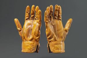 Brown leather gloves displayed against a neutral gray background showcasing their texture and design photo