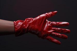 A close-up of a gloved hand wearing a shiny red latex glove against a dark background photo
