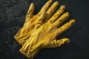 Yellow rubber gloves placed on a dark surface photo