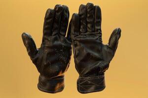 Black leather gloves displayed on a gold background showcasing wear and texture photo