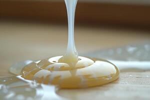 Liquid gold drips onto a wooden surface in a warm, natural light setting photo
