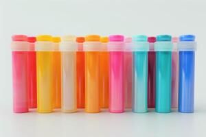 Colorful tubes of various hues arranged symmetrically on a white backdrop photo