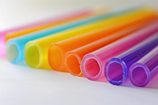 Colorful flexible drinking straws arranged in a vibrant pattern on a white background photo