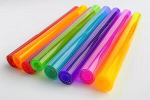 Colorful translucent plastic sheets arranged in a vibrant pattern on a white background photo
