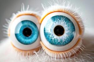 Colorful, detailed close-up of whimsical creature eyes with furry texture against a soft background photo