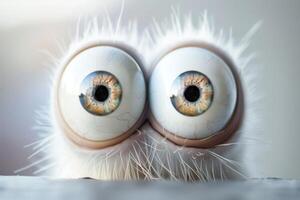 Fluffy creature with oversized eyes gazing intently, showcasing intricate iris patterns and a soft, furry texture photo