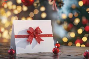 Festive greeting card with a red bow placed among Christmas decorations and shimmering lights in a cozy setting photo