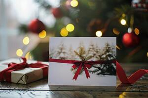 Holiday greeting card on a wooden table with wrapped gifts and festive decorations in the background photo