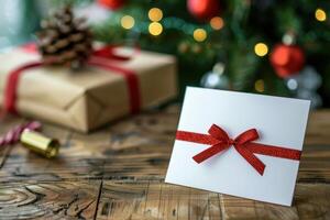 Holiday gift package with a red ribbon and greeting card on a wooden table near a decorated Christmas tree photo